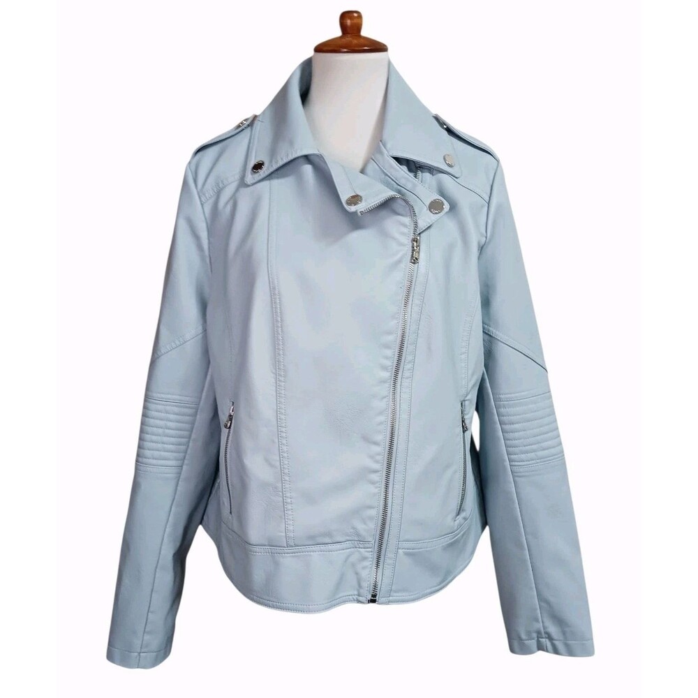 GUESS Women's Faux Leather Moto Biker Jacket Light Blue Asymmetrical Zip Size XL
